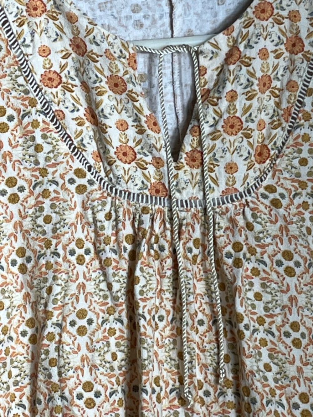 Wonderly Ditsy Floral Top Linen Orange Boho Puff Sleeve Peasant Prairie Wom M - Picture 2 of 6